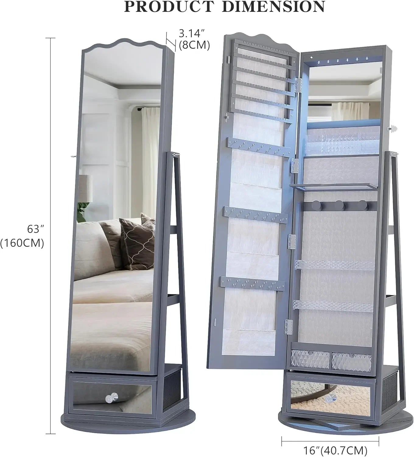 360° Rotating LED Jewelry Armoire, Full Length Mirror Large Capacity Jewelry Organizer Armoire, Lockable Floor Standing Mirror