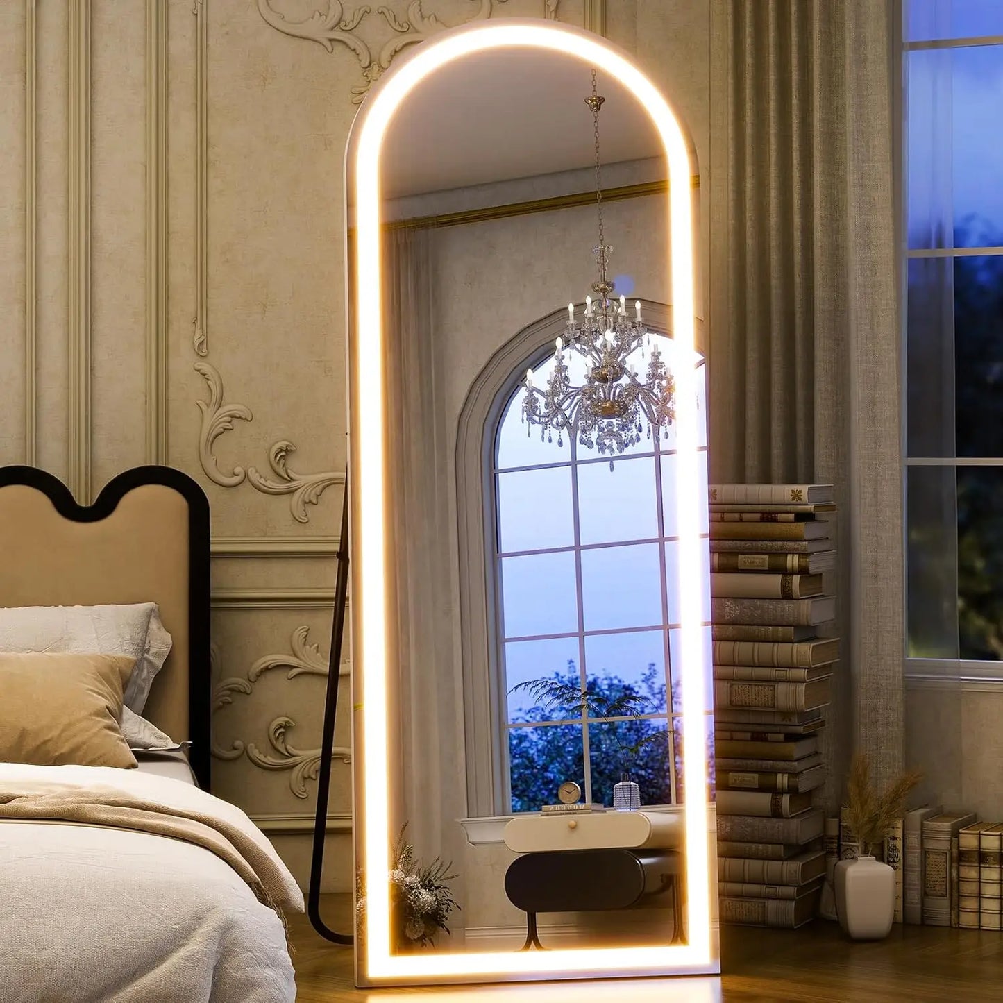 Arched LED Full Length Mirror 64" x 21" Full Body Mirror with Stand Wall Mounted Hanging Mirror with Lights Free