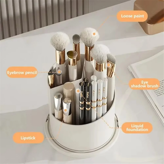 Makeup Brush Holder Storage Box 360 Rotating Cosmetic Storage Box with Cover Lipstick Eyebrow Pencil Storage Rack White