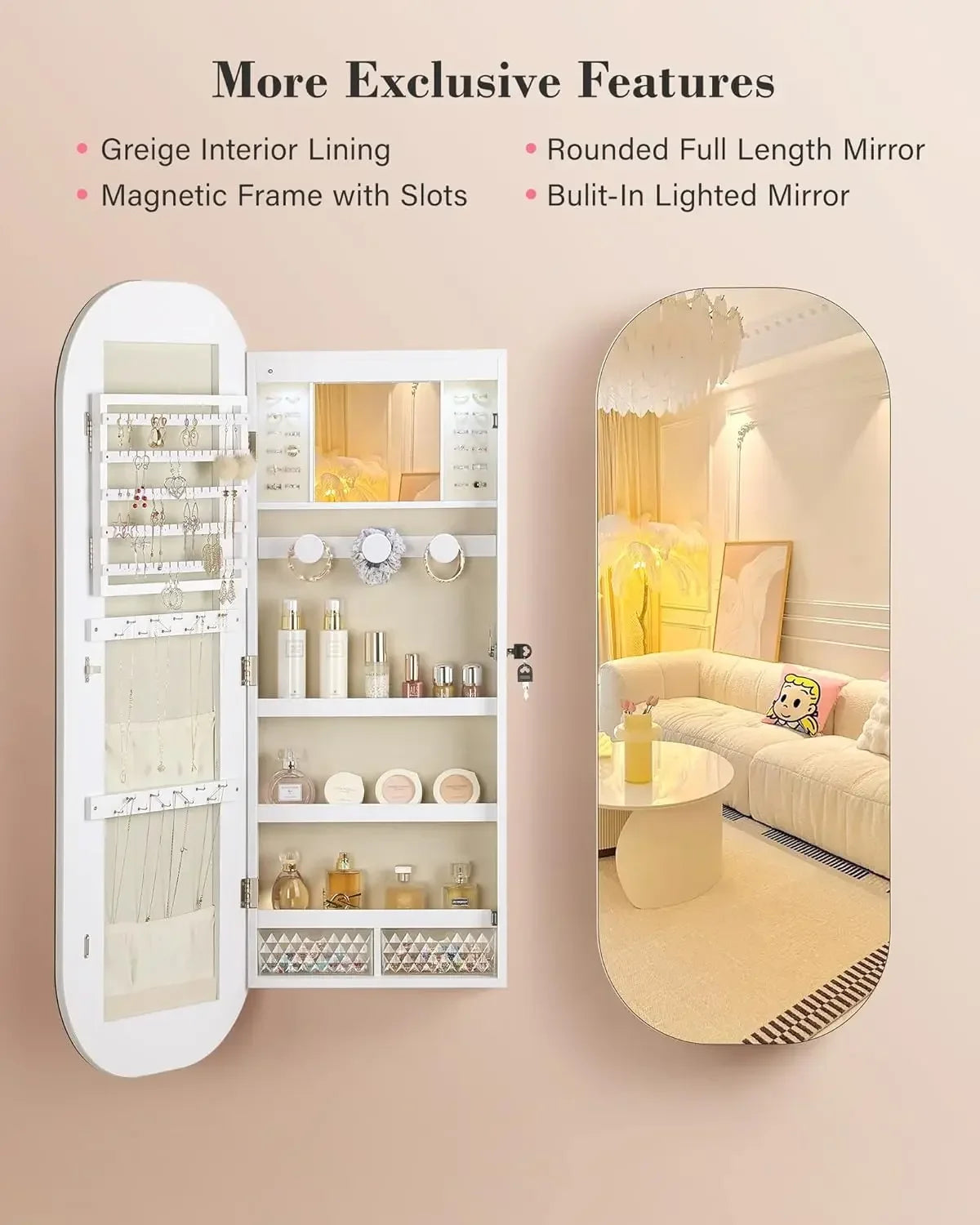 LED Mirror Jewelry Cabinet, Rounded Jewelry Armoire Cabinet, Lockable Wall or Door Mounted Jewelry Organizer with Interior Mirro