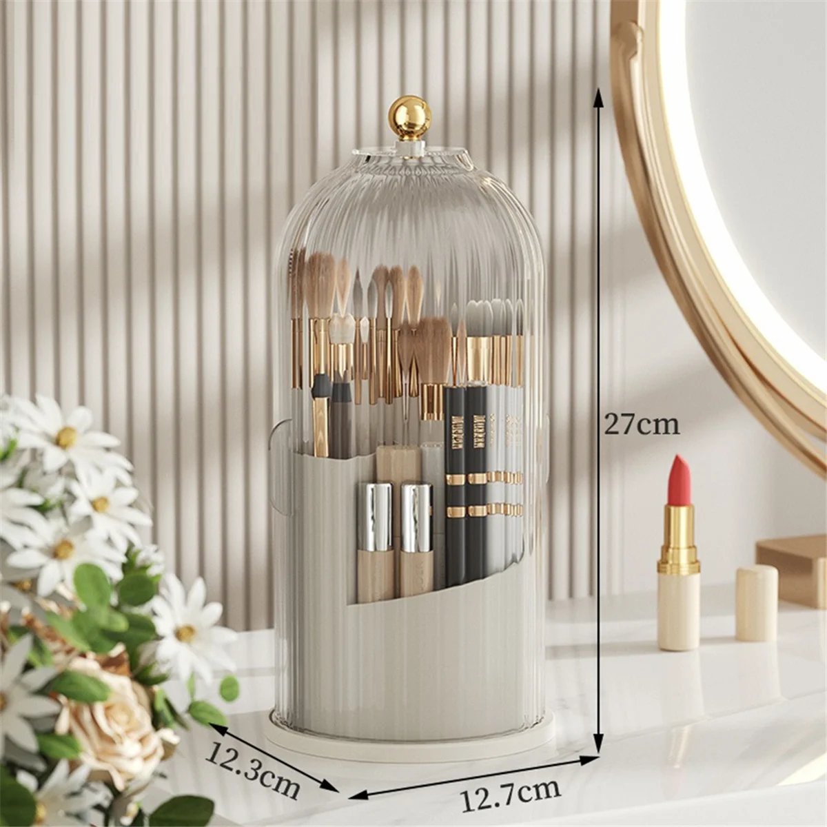 Makeup Brush Holder Storage Box 360 Rotating Cosmetic Storage Box with Cover Lipstick Eyebrow Pencil Storage Rack White