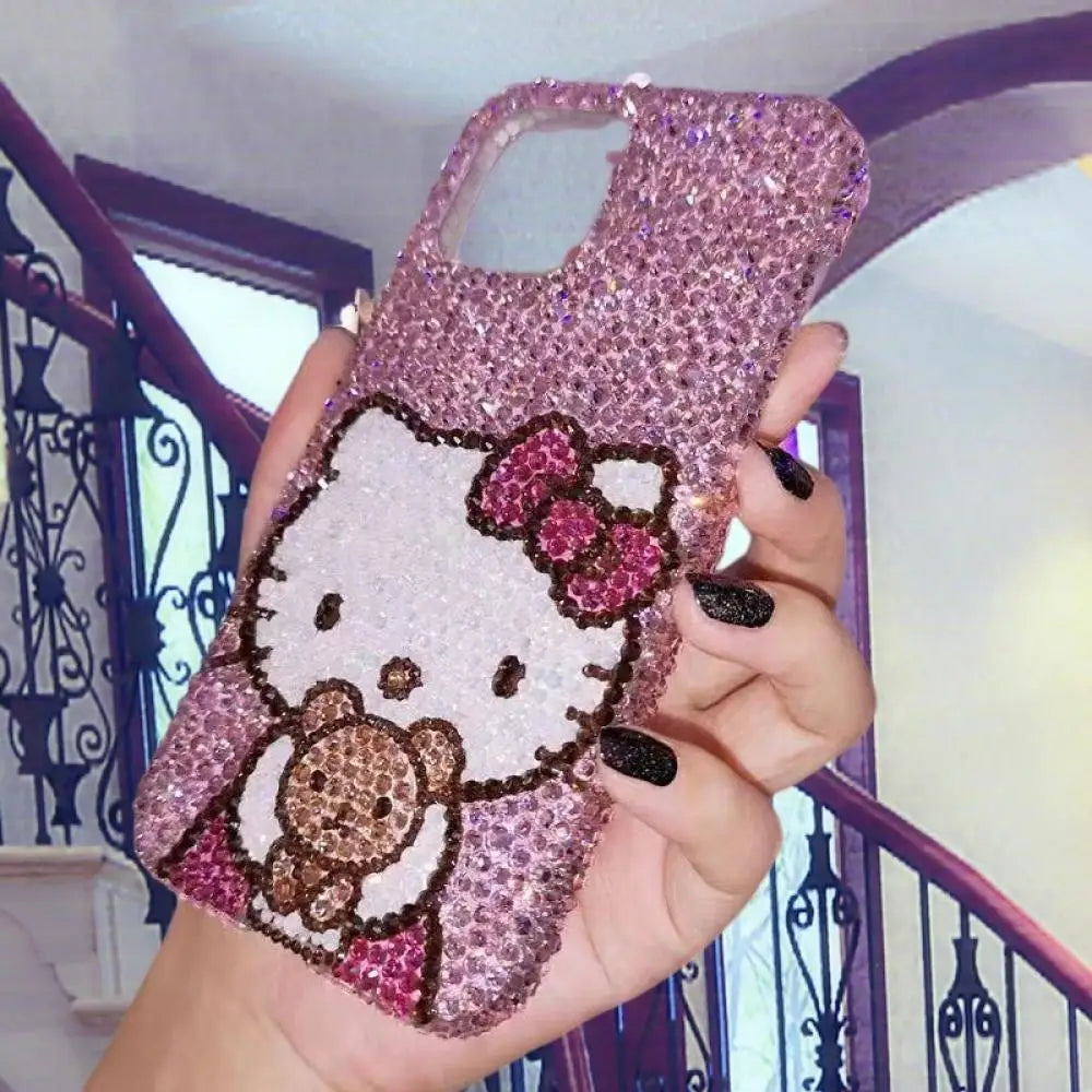 New Sanrios Hello Kitty Iphone 16Promax 15 14 13 Phone Case Kawaii Cartoon Apple Phone Case Rhinestone Girlfriend Festival Gift