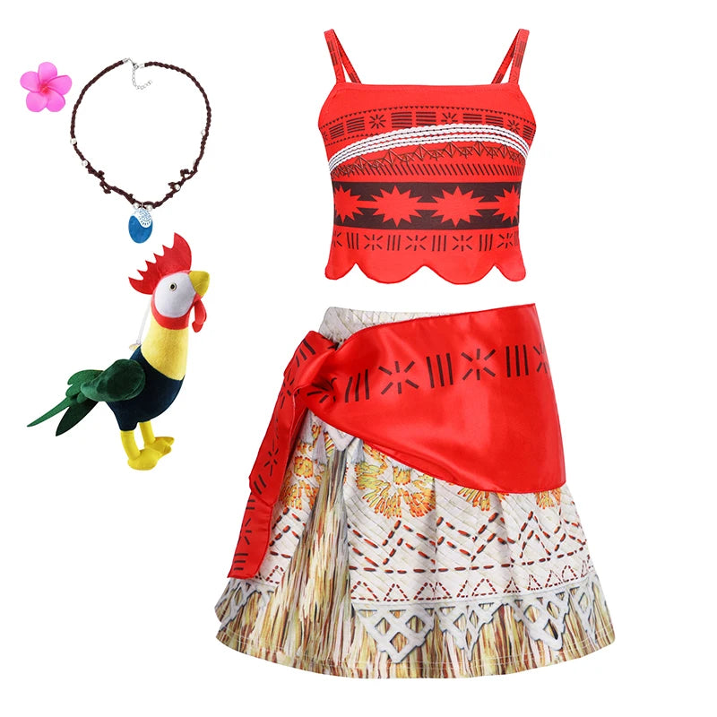 Disney Moana Dresses Girls Cosplay Costume Girl Princess Summer Casual Fancy Clothes Children Vaiana Princess Dress Necklace Wig