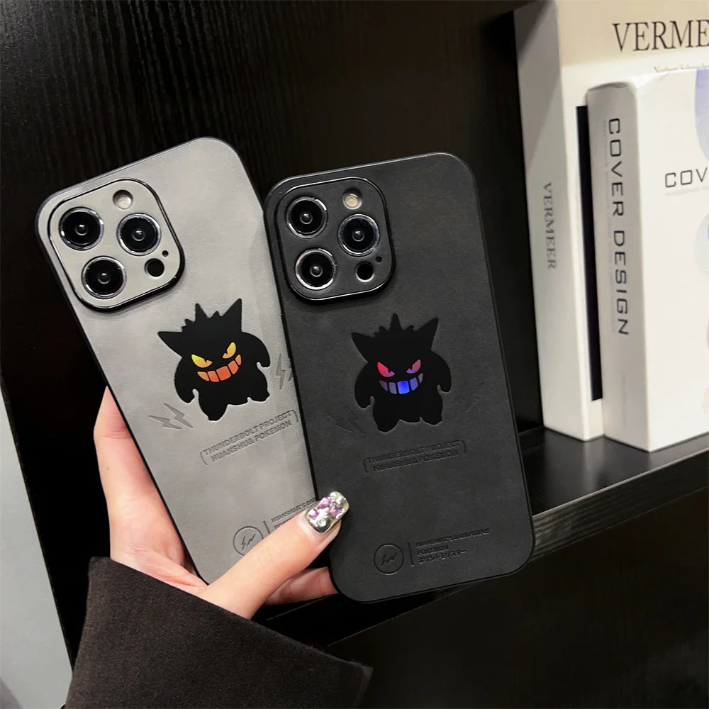 Anime Pokemon Gengar Retro Leather Laser Cases for iPhone 16 15 14 13 12 11 Pro Max 16Plus Cartoon Soft Back Cover