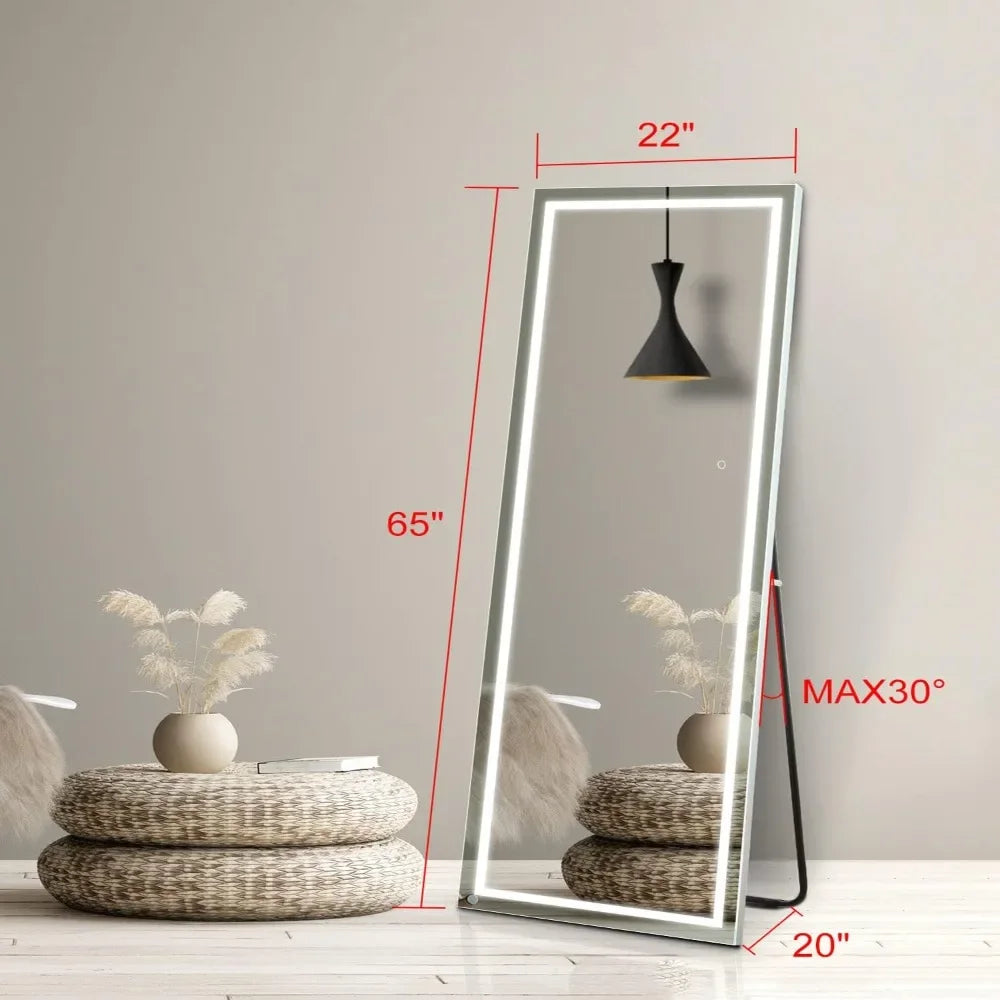 65"x 22" Full Length Mirror with LED Lights， Lighted Full Body Length Light Up Mirror Touch，Wall Mounted/Leaning Mirror