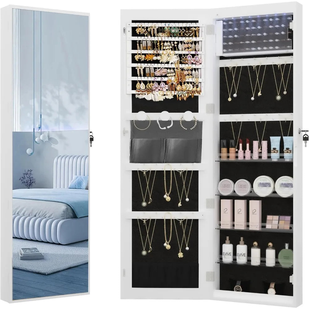 8 LEDs Mirror Jewelry Cabinet, Organizer, Wall/Door Mount Lockable Storage Cabinet with 6 Earrings Shelves, 2 Makeup Pockets