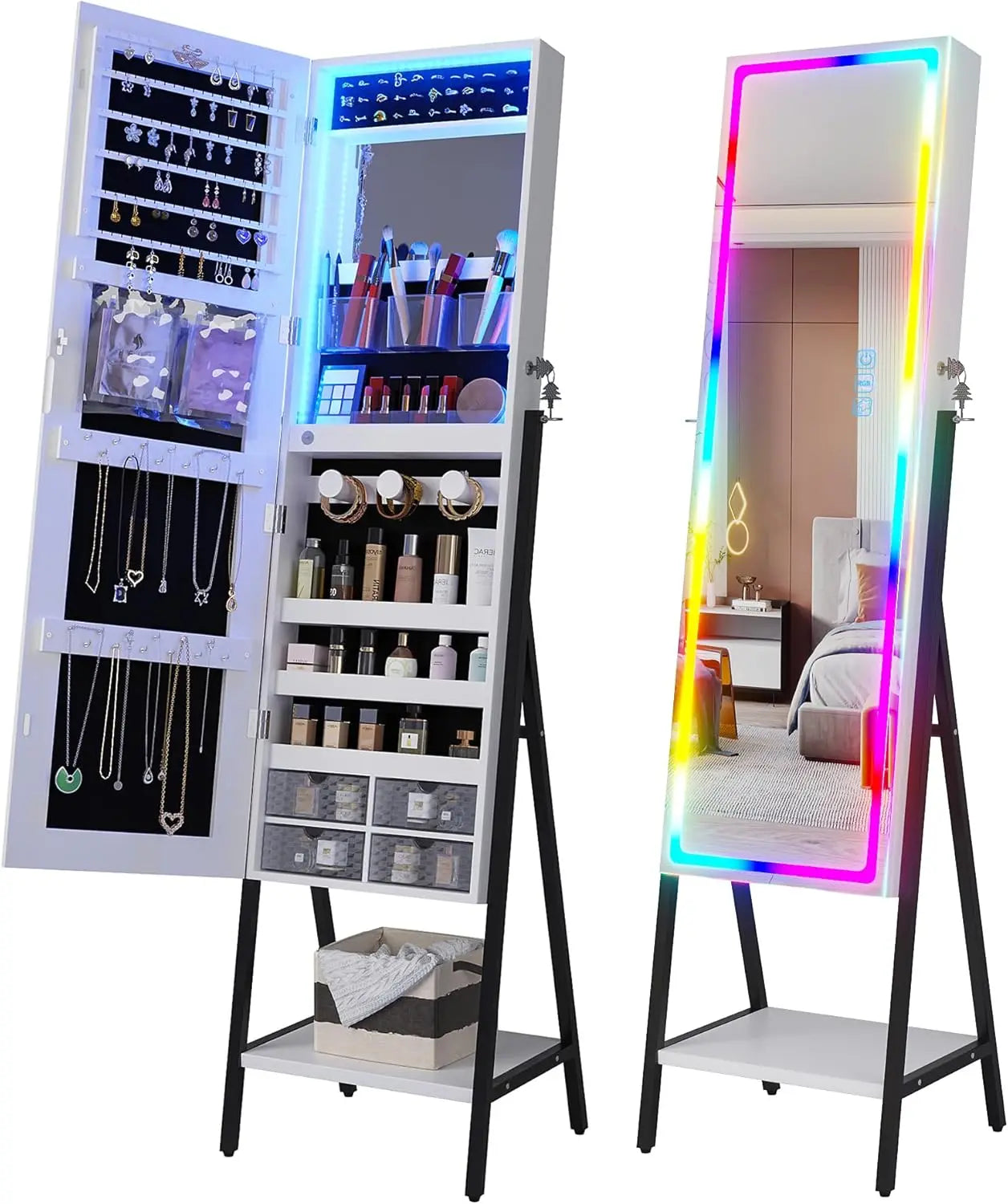 RGB LED Mirror Jewelry Cabinet,Standing Jewelry Armoire Organizer Full Length Mirror with Storage, Lockable Jewelry Mirror