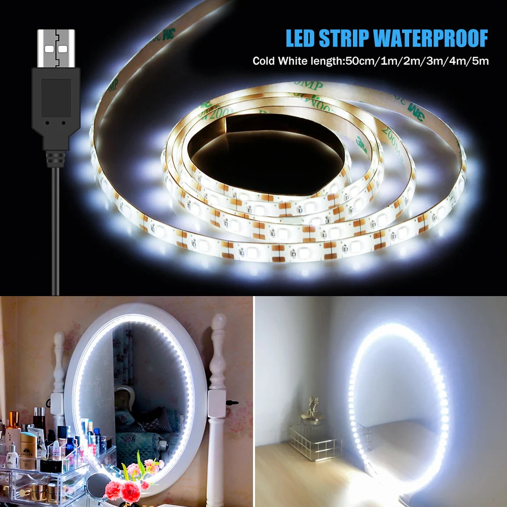 LED Make up Mirror Light Strip USB Hollywood Vanity Mirror Lamp Tape Bathroom Dressing Table Lighting Dimmable LED Wall LampTape