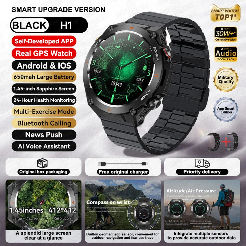 2024 New Outdoor Military GPS Smart Watch Men AMOLED HD Screen Heart Rate Blood Pressure Bluetooth Call Waterproof Smartwatches