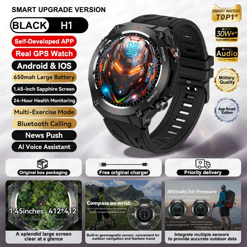 2024 New Outdoor Military GPS Smart Watch Men AMOLED HD Screen Heart Rate Blood Pressure Bluetooth Call Waterproof Smartwatches