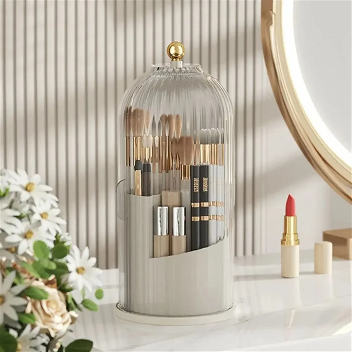 Makeup Brush Holder Storage Box 360 Rotating Cosmetic Storage Box with Cover Lipstick Eyebrow Pencil Storage Rack White