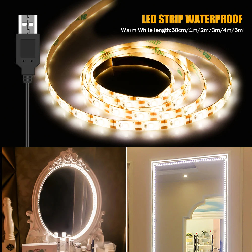 LED Make up Mirror Light Strip USB Hollywood Vanity Mirror Lamp Tape Bathroom Dressing Table Lighting Dimmable LED Wall LampTape