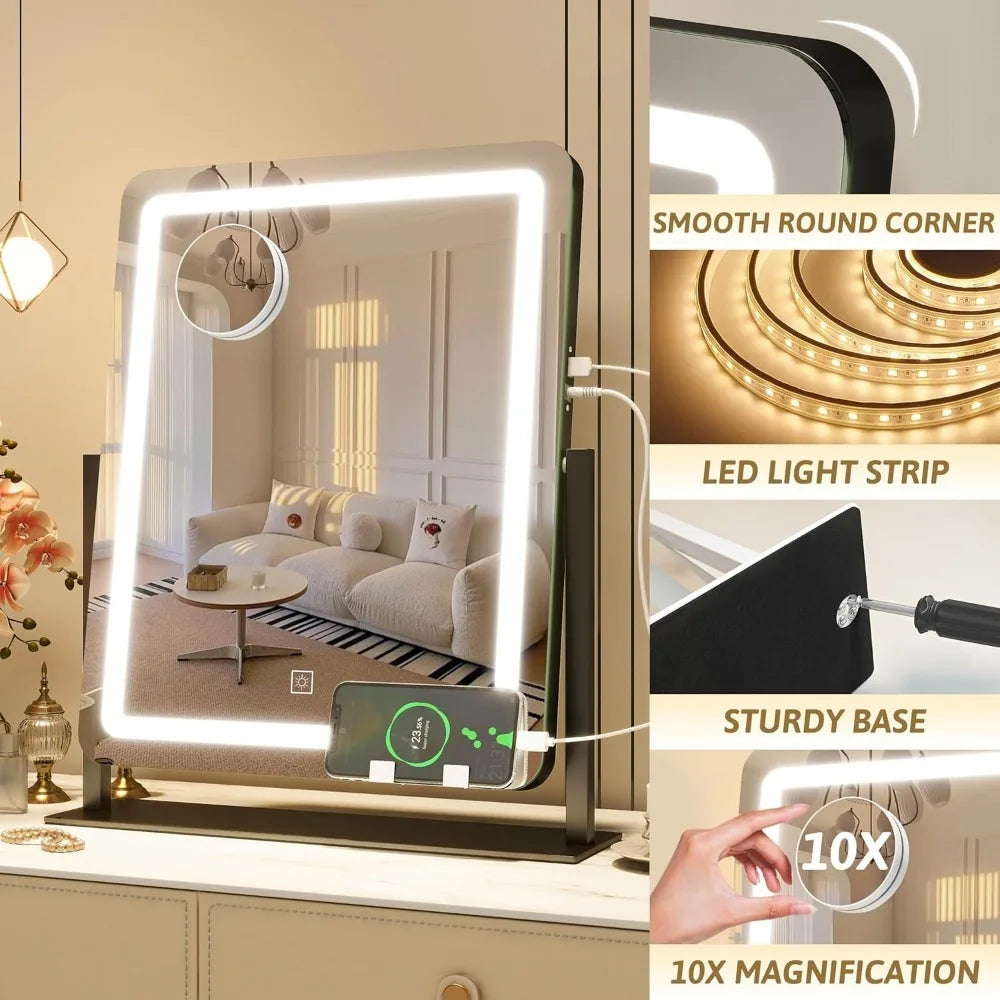 32"x24" Hollywood Vanity Mirror with Lights, 18 Dimmable LED Bulbs, 3 Color Modes, 10X Magnification, USB Charging Port