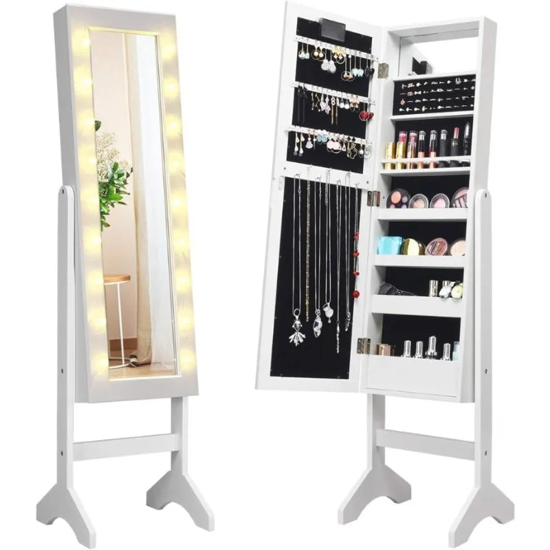 Standing Jewelry Armoire with 18 LED Lights Around The Door, with Full Length Mirror, 16 Lipstick Holders,1 Inside Makeup Mirror