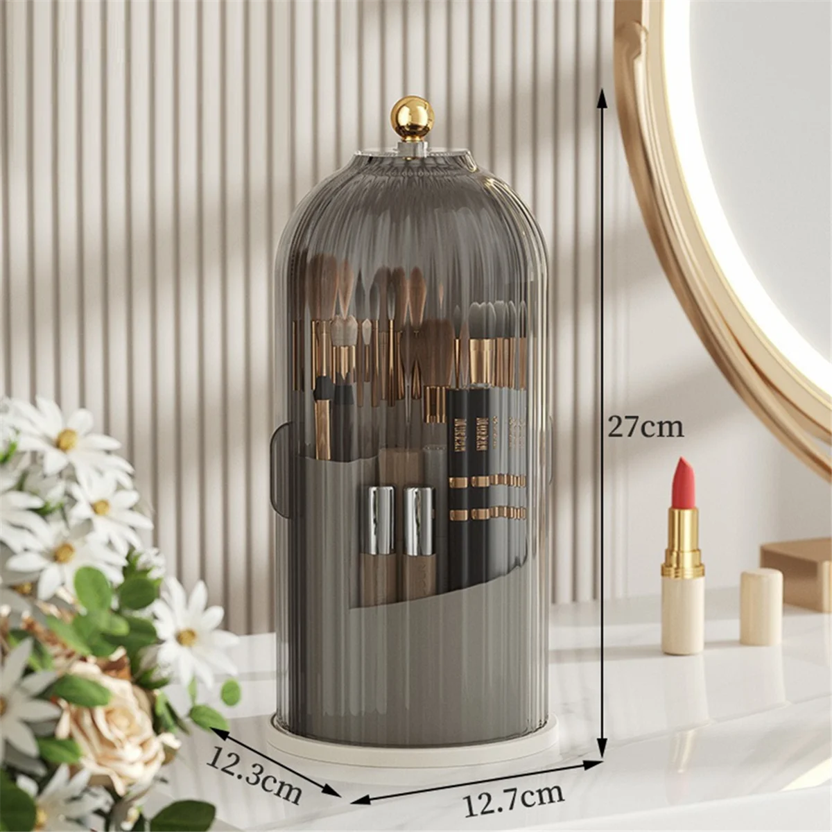 Makeup Brush Holder Storage Box 360 Rotating Cosmetic Storage Box with Cover Lipstick Eyebrow Pencil Storage Rack White