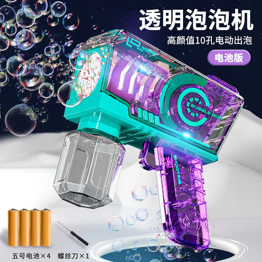 10 Hole Clear Bubble Machine Outdoor Toys For Children Gifts 360° flip Kids Electric Fully Automatic Toy Gun for Wedding Party