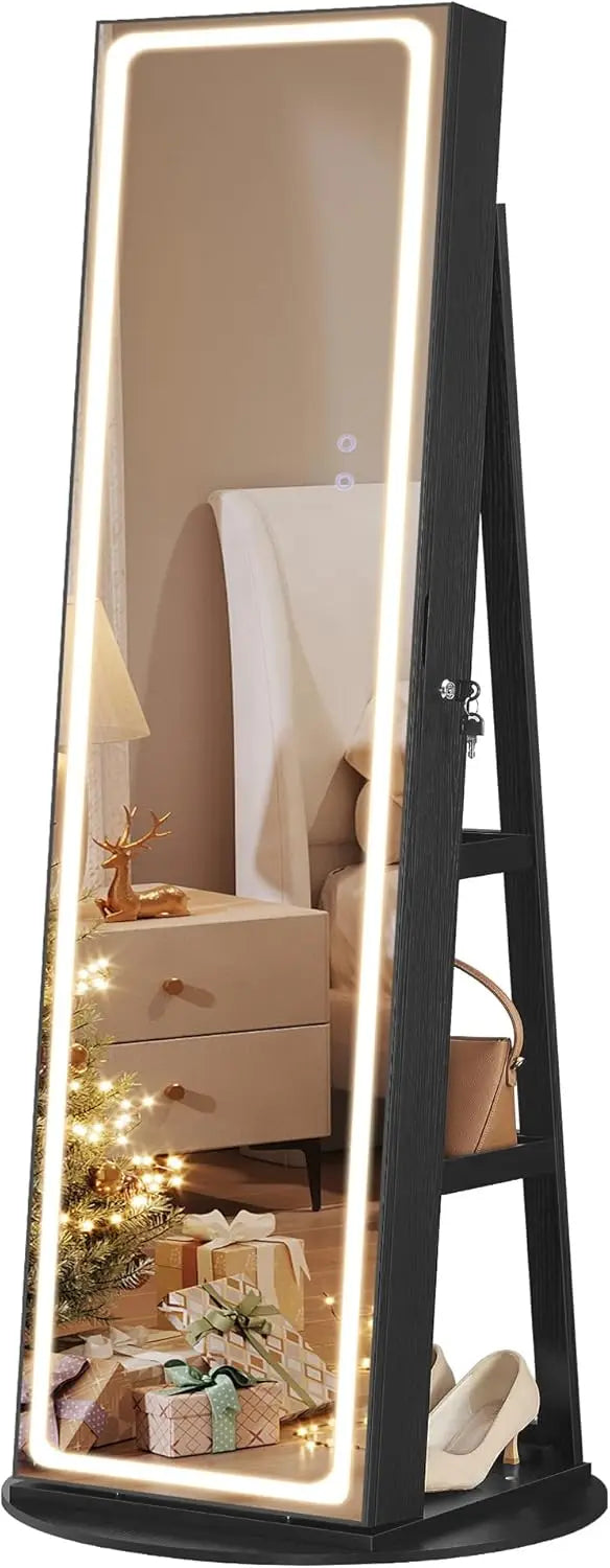 LED Mirror Jewelry Cabinet Standing, Lockable Armoire with Full-Length and Adjustable Lights, Space-Saving Organizer Mirror