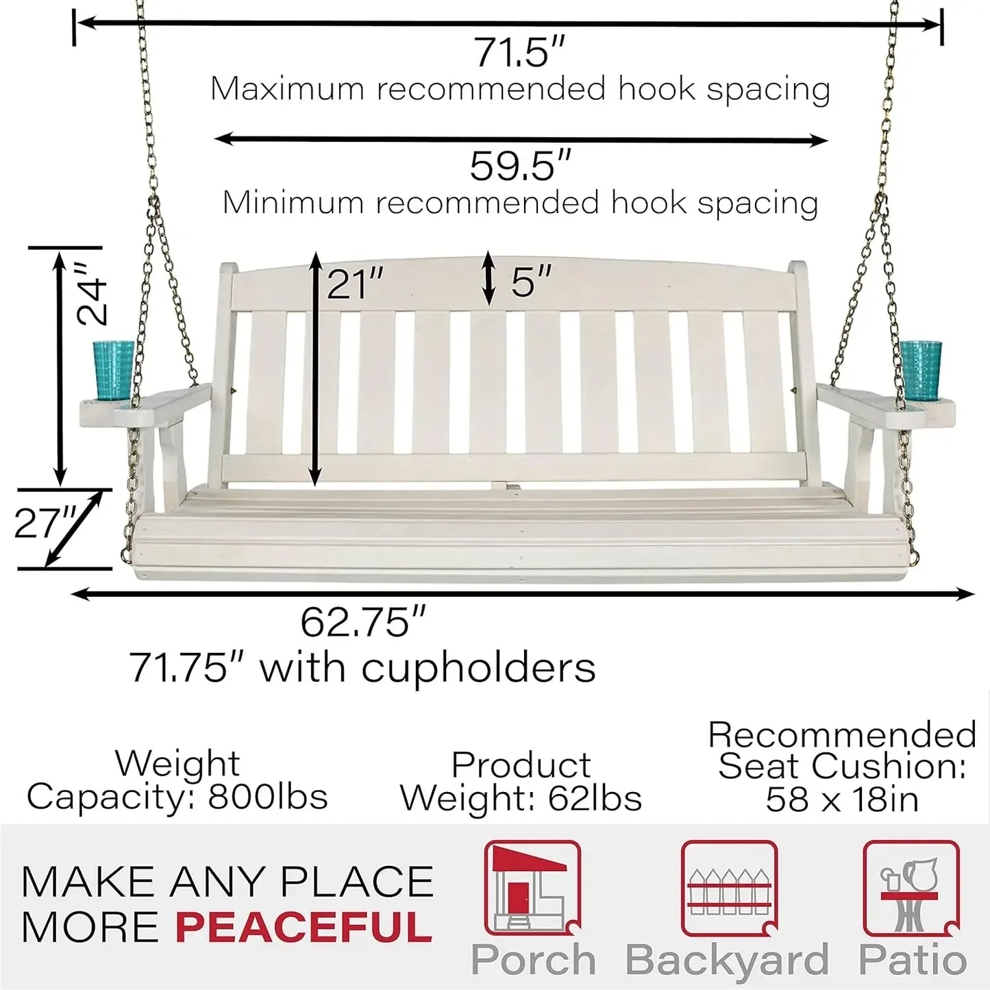 Amish Casual Heavy Duty 800 Lb Mission Treated Porch Swing with Hanging Chains and Cupholders (5 Foot, Semi-Solid White Stain)