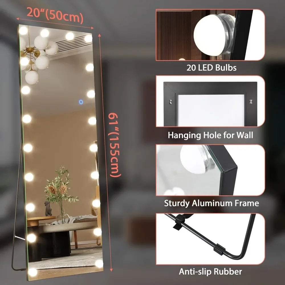 61" X 20" Full Length Mirror with Lights Bulbs Free Standing，LED Wall Mirror，Dimming & 3 Color Lighting，Total Body Mirror