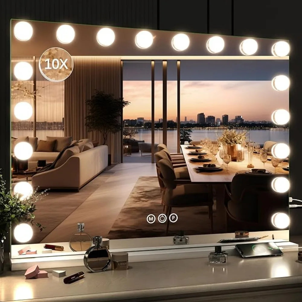 32"x24" Hollywood Vanity Mirror with Lights, 18 Dimmable LED Bulbs, 3 Color Modes, 10X Magnification, USB Charging Port