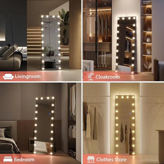 61" X 20" Full Length Mirror with Lights Bulbs Free Standing，LED Wall Mirror，Dimming & 3 Color Lighting，Total Body Mirror