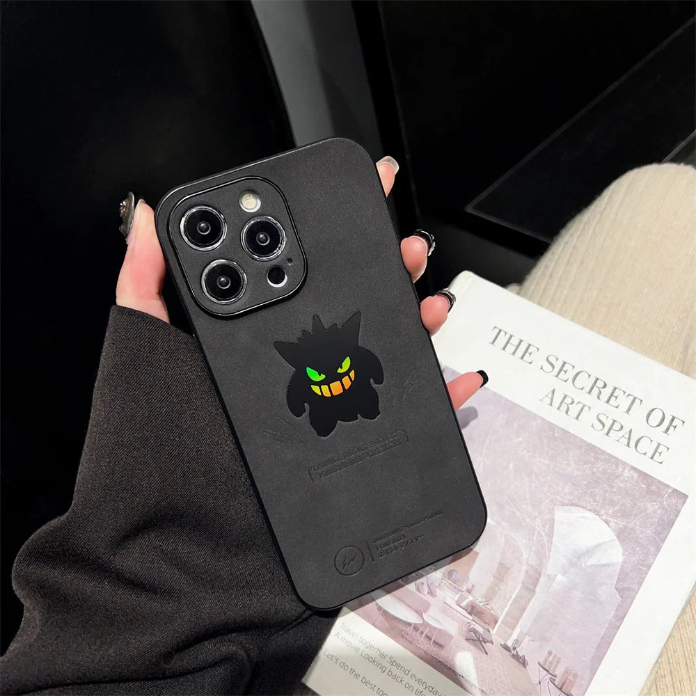 Anime Pokemon Gengar Retro Leather Laser Cases for iPhone 16 15 14 13 12 11 Pro Max 16Plus Cartoon Soft Back Cover