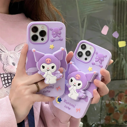 3D Kuromi Cute Cartoon Soft Silicone Case for iPhone 15 Pro Max 14 13 12 11 Cover with Retractable Holder Stand Shockproof Shell