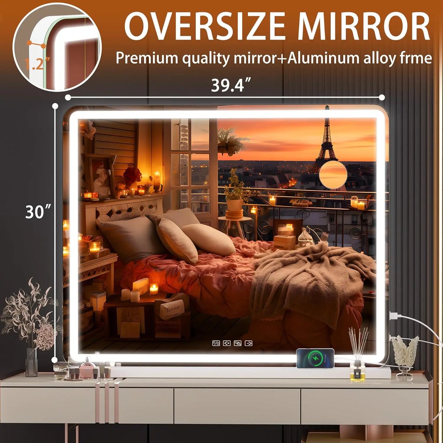 Hasipu Vanity Mirror with Lights and Bluetooth Speaker, 40" x 30" LED Makeup Mirror, Lighted Makeup Mirror with Dimmable